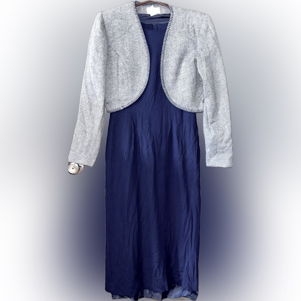 Vintage Althuser Sleeveless Navy Blue Wool Dress W/Bolero Jacket, Size 12, EVC